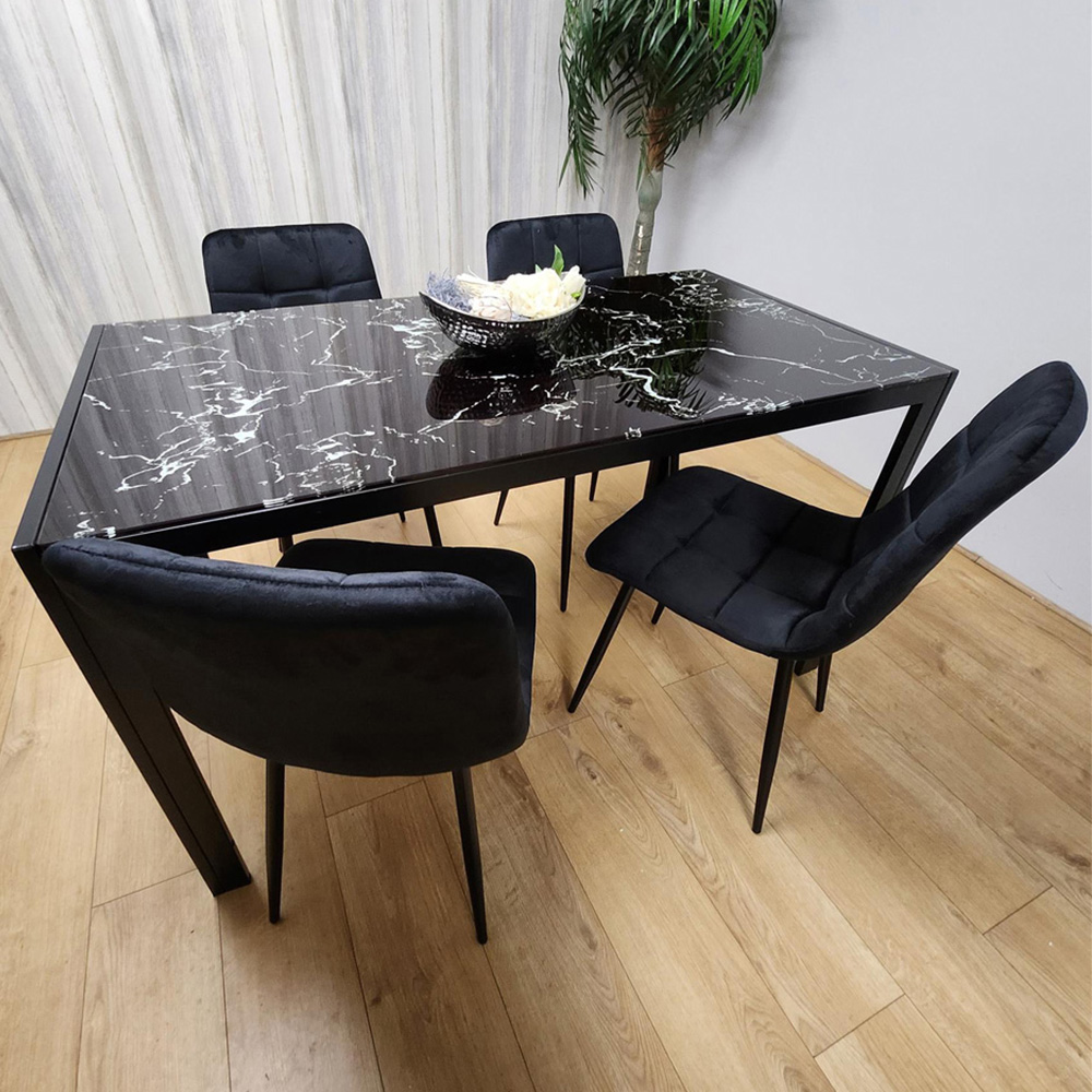 Portland Marble Effect Glass 4 Seater Velvet Dining Set Black Image 1