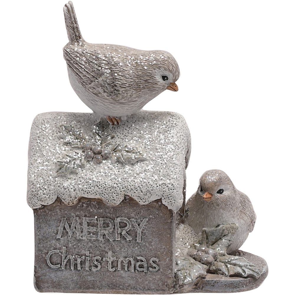 The Christmas Gift Co Silver LED 2 Robins on House Figurine Image 3