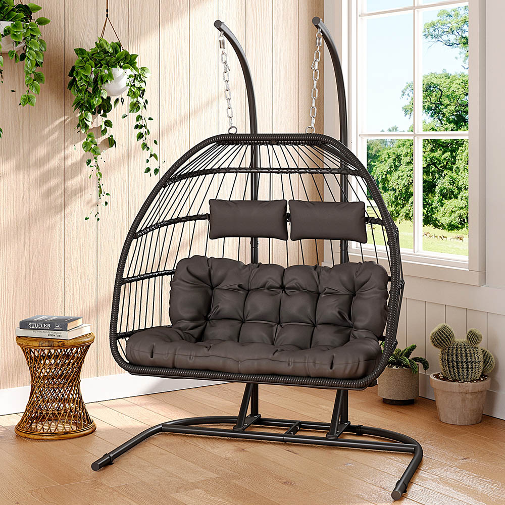 Living and Home 2 Seater Black Linear Wicker Hanging Egg Chair Image 7
