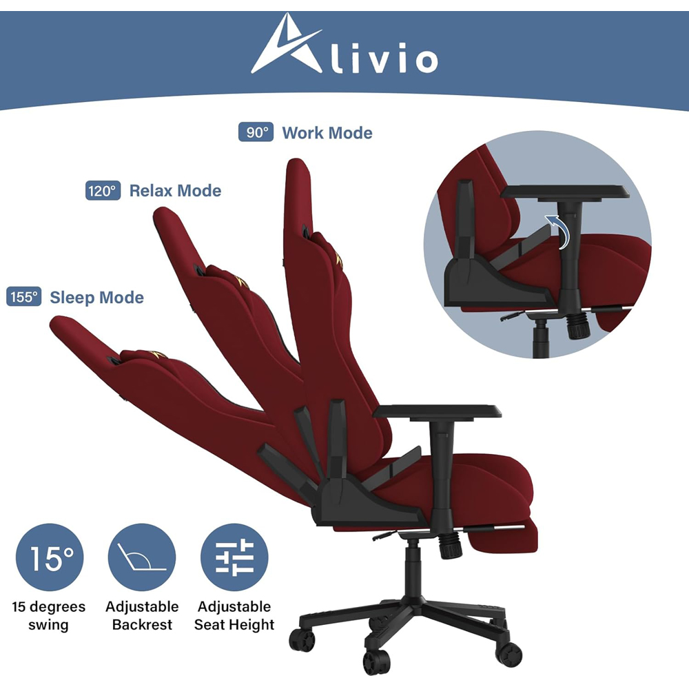 Alivio Red Velvet Reclining Gaming Chair with Lumbar and Headrest Support Image 8