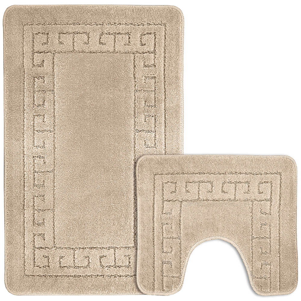 Velosso Greek Key Beige Bath Mat Set Image 1