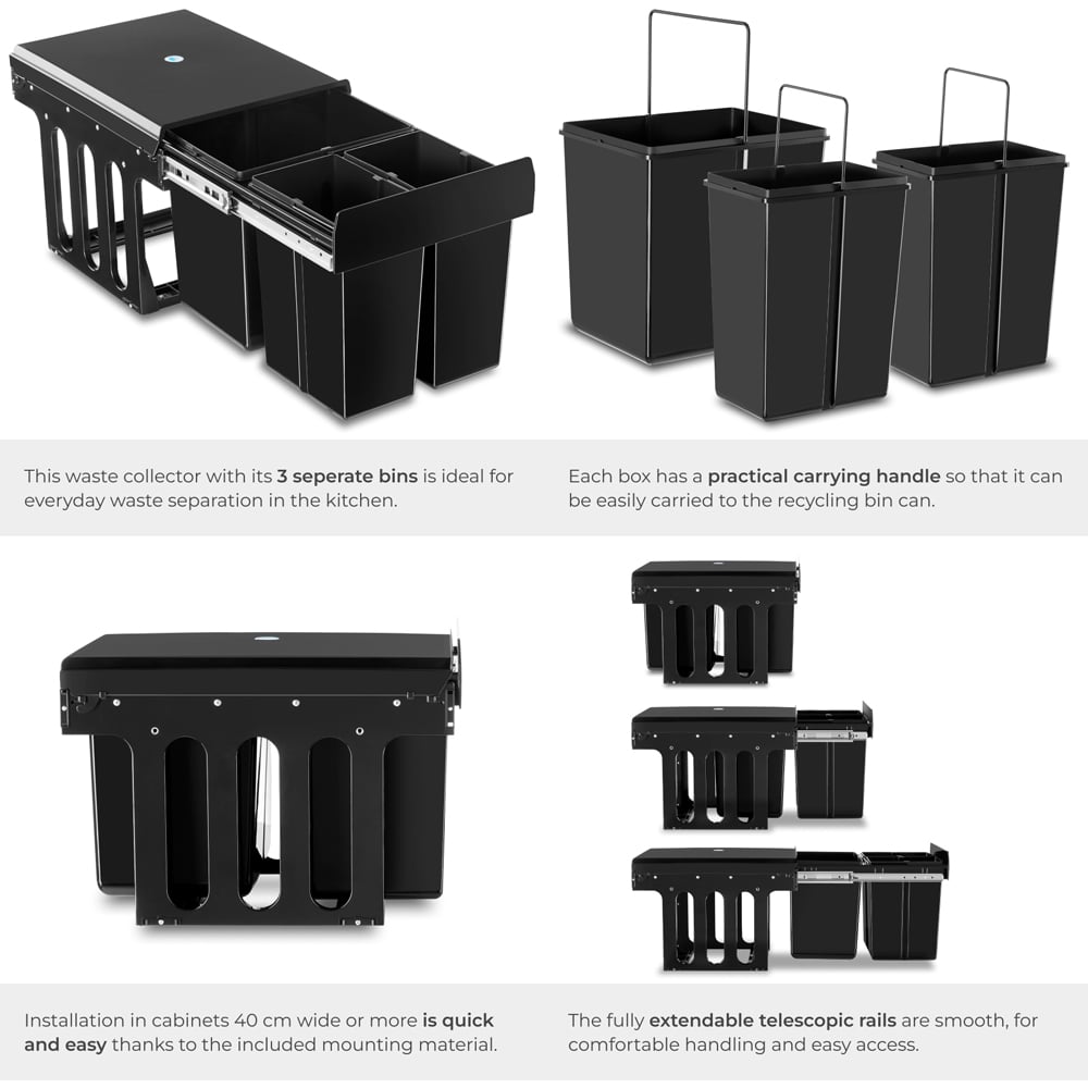 Tectake Ashlyn 3 Compartment Black Telescopic Kitchen Bin 31L Image 4