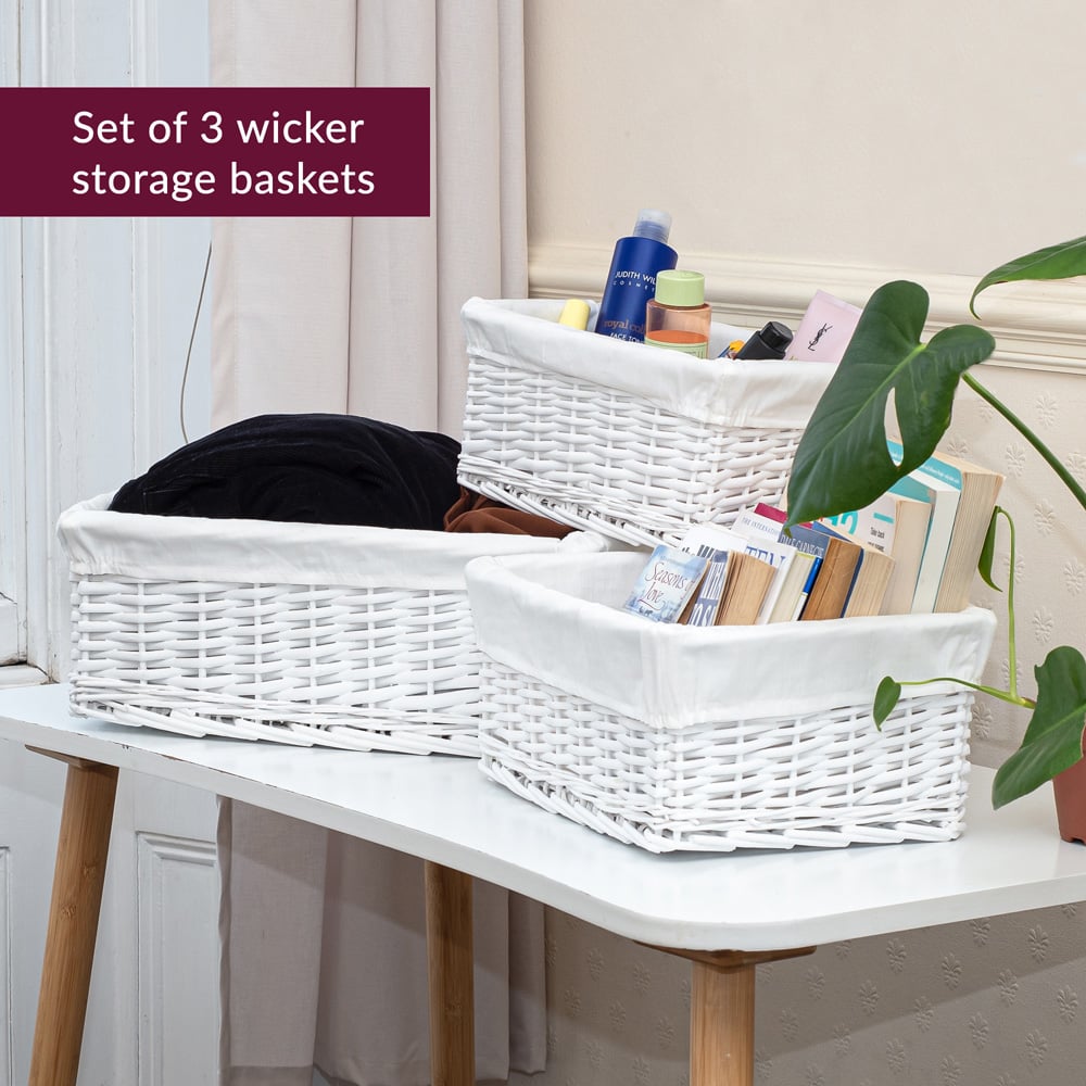 Innoteck Essentials White Wicker Storage Basket with Cloth Lining 3 Pack Image 5