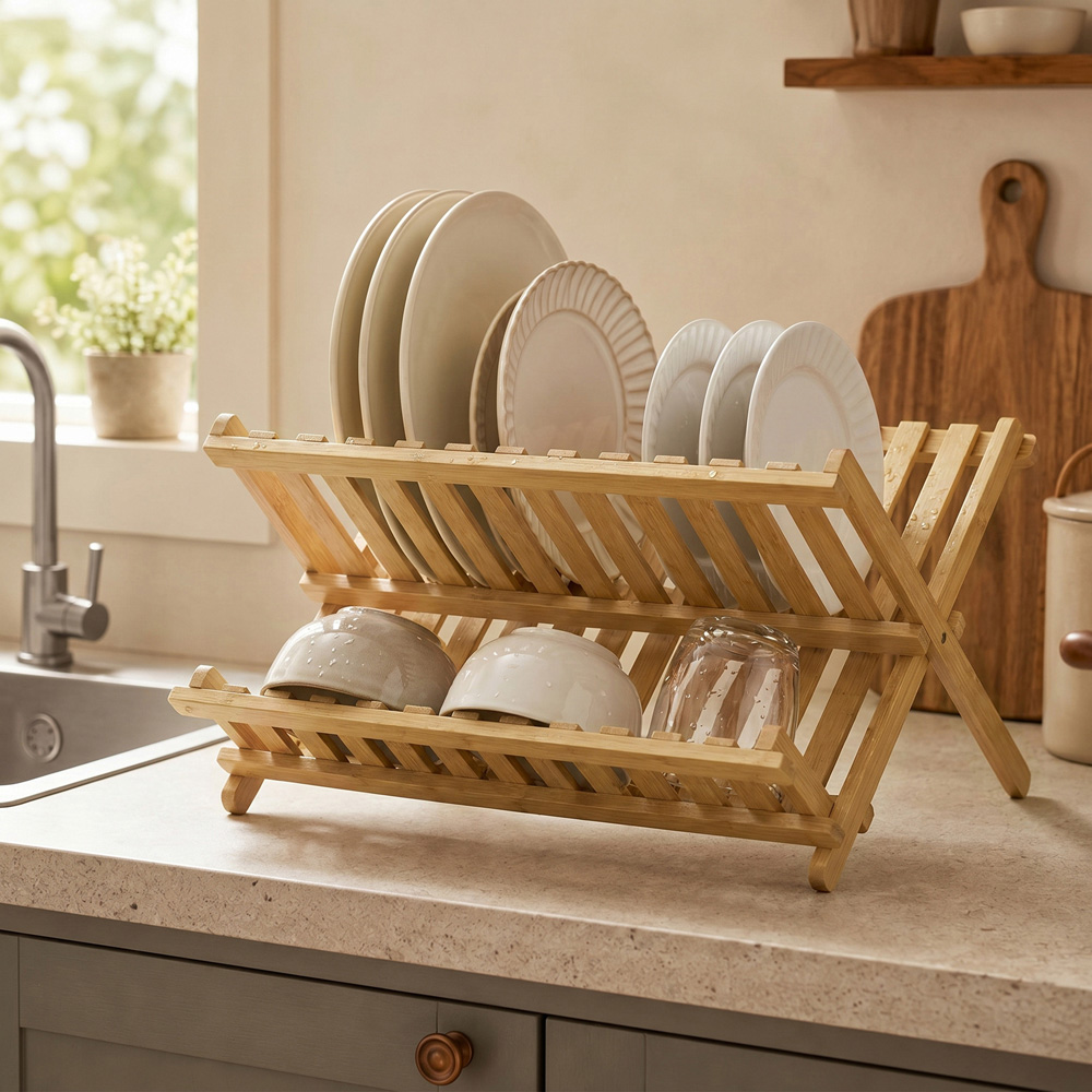 HOMCOM 2-Tier Natural Foldable Kitchen Storage Unit with Slatted Draining Shelves Image 2