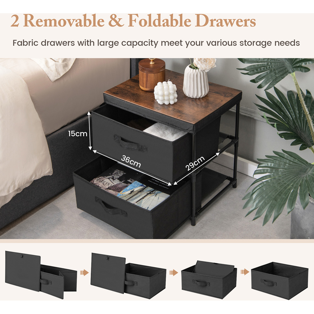 Costway 2 Drawer Black Fabric Nightstand with Removable Lid Image 8