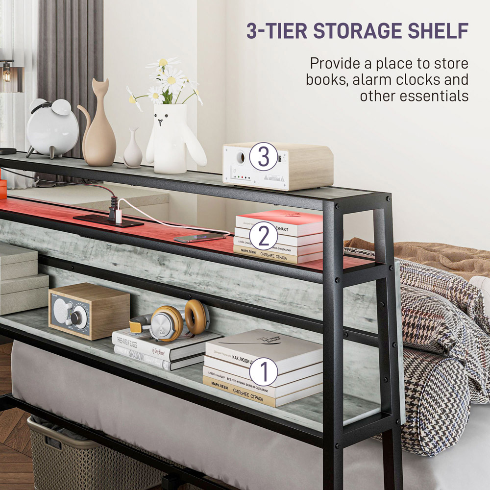 Portland King Size Cement Grey Bed Frame with Charging Station and Lights Image 6