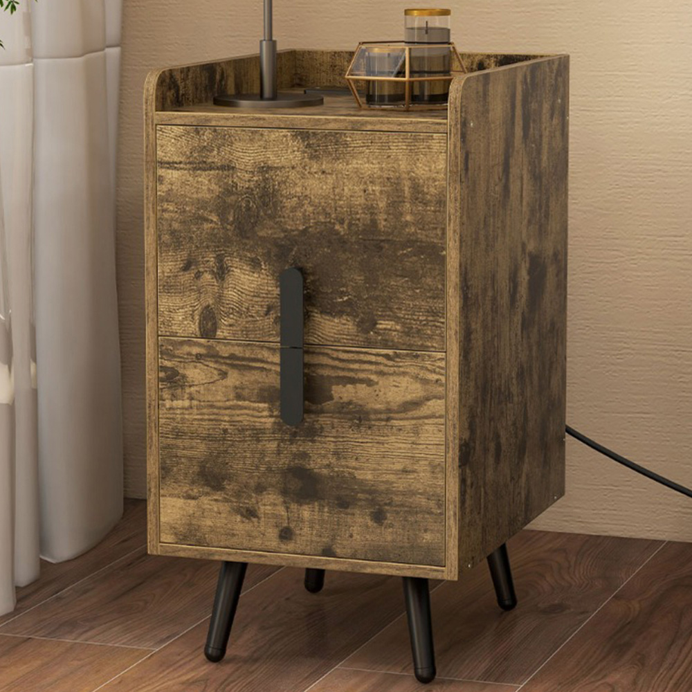 Costway 2 Drawer Single Shelf Rustic Brown Bedside Table Image 1