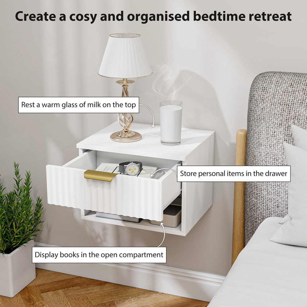 Portland Single Drawer Single Shelf White Fluted Floating Nightstand Set of 2 Image 6