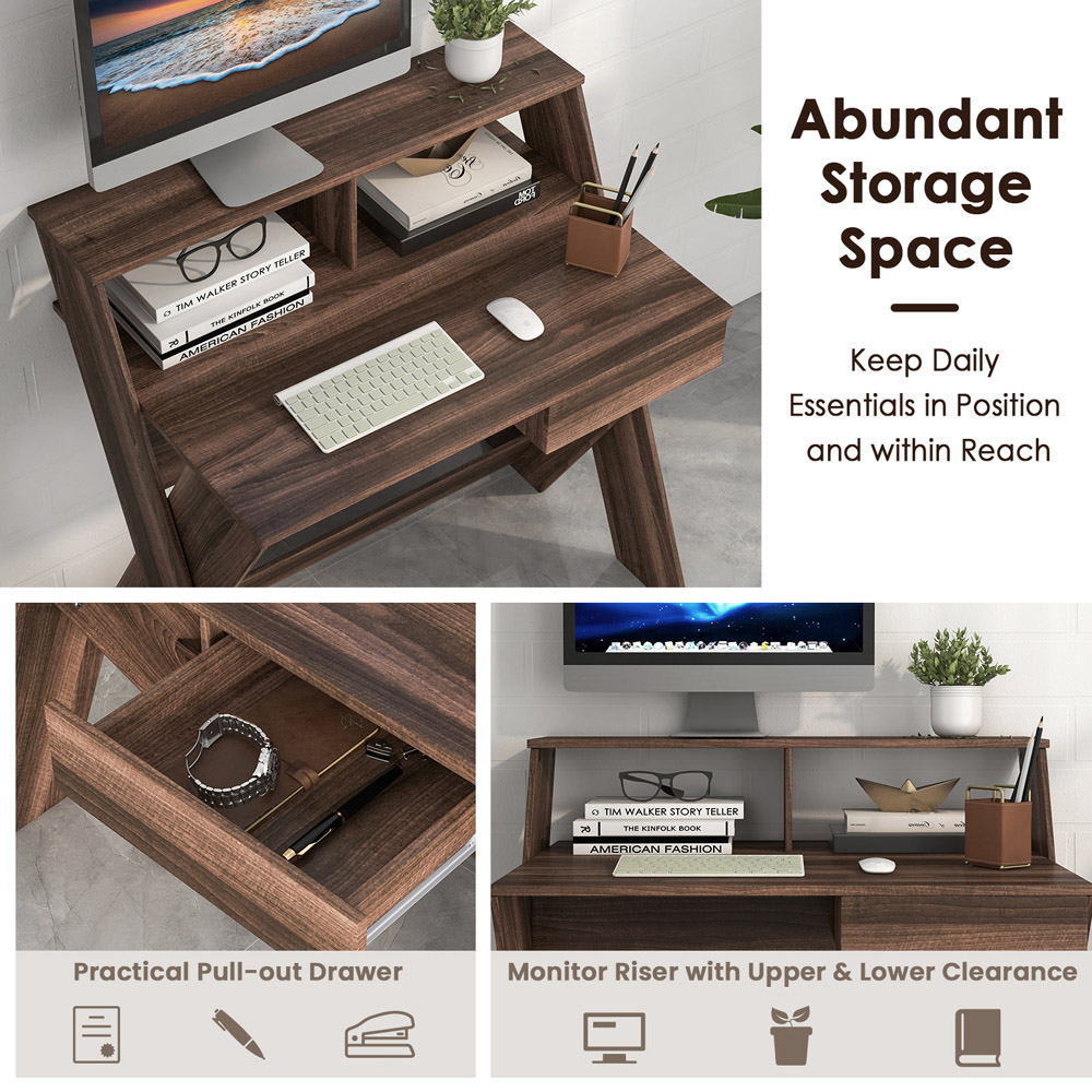 Costway Single Drawer Computer Desk Walnut Image 6