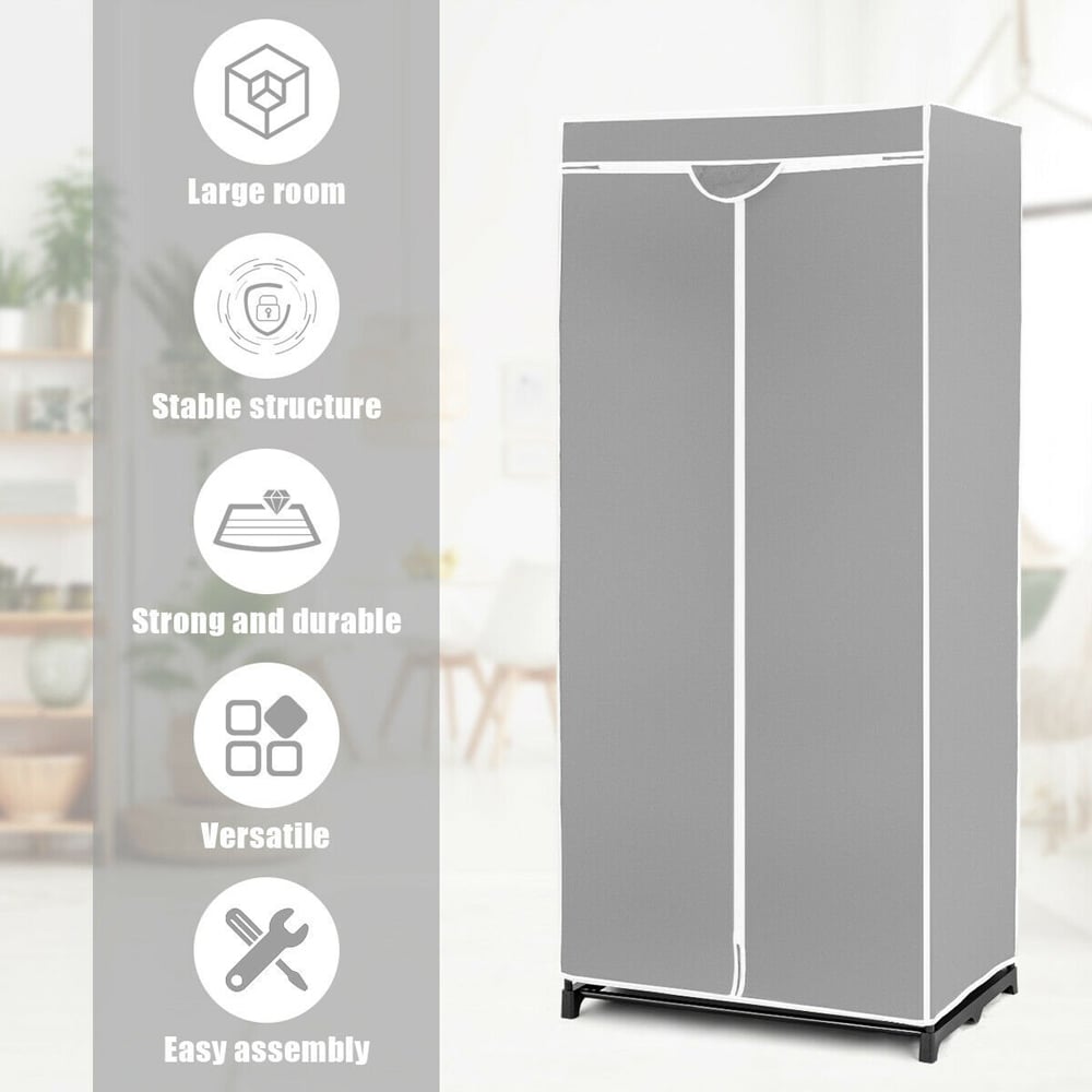 Costway Grey Double Canvas Wardrobe with Dust Proof Cover Image 6