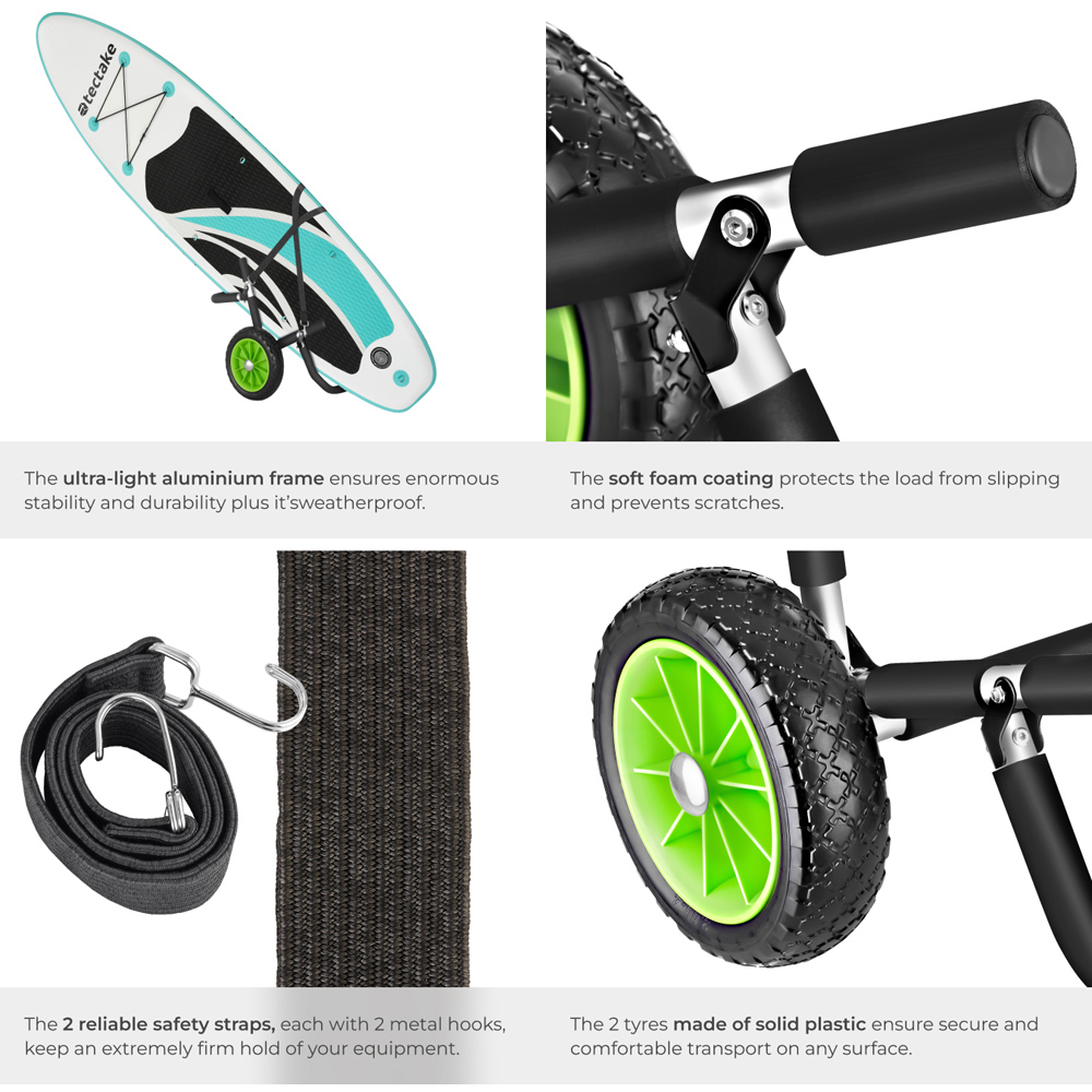 tectake Single Surfboard and SUP Trolley with Wave Wheel and Bungee Cords Image 5