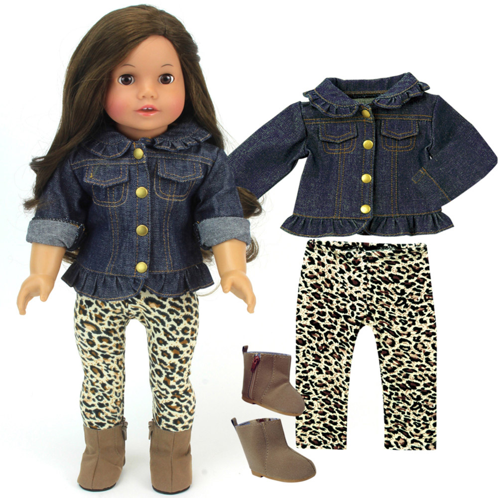 Teamson Kids Sophia's Blue Denim Jacket Animal Print Leggings and Brown Boots Doll Outfit Set Image 3