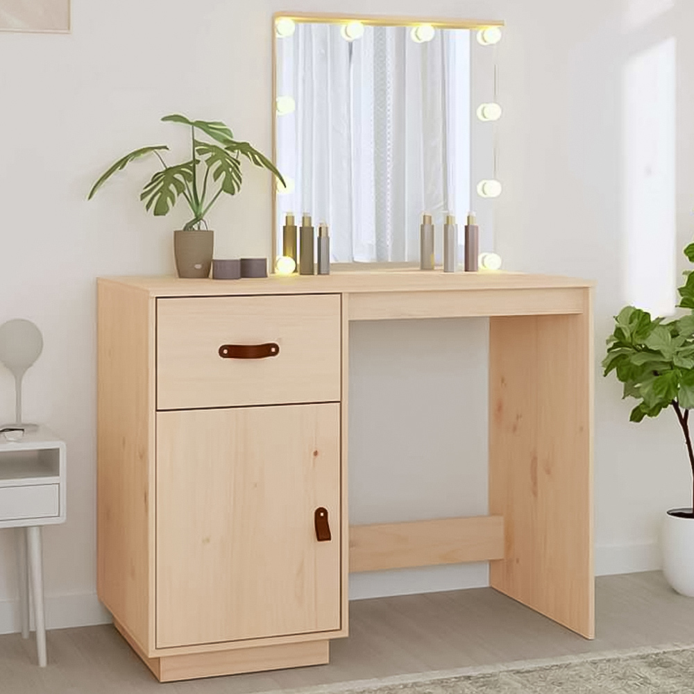 vidaXL Single Door Single Drawer Solid Wood Pine Dressing Table with LED Lights Image 1