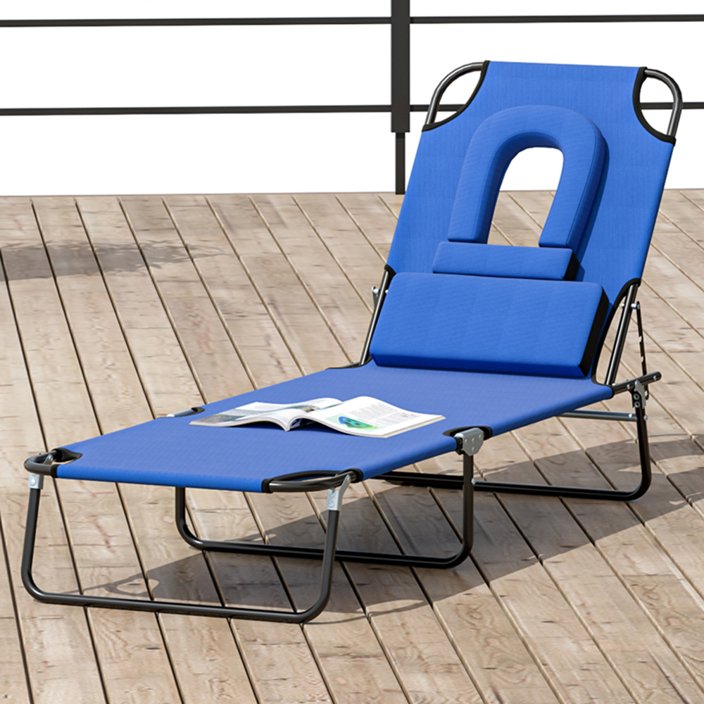 Outsunny Blue Foldable Sun Lounger with Reading Hole Image 1