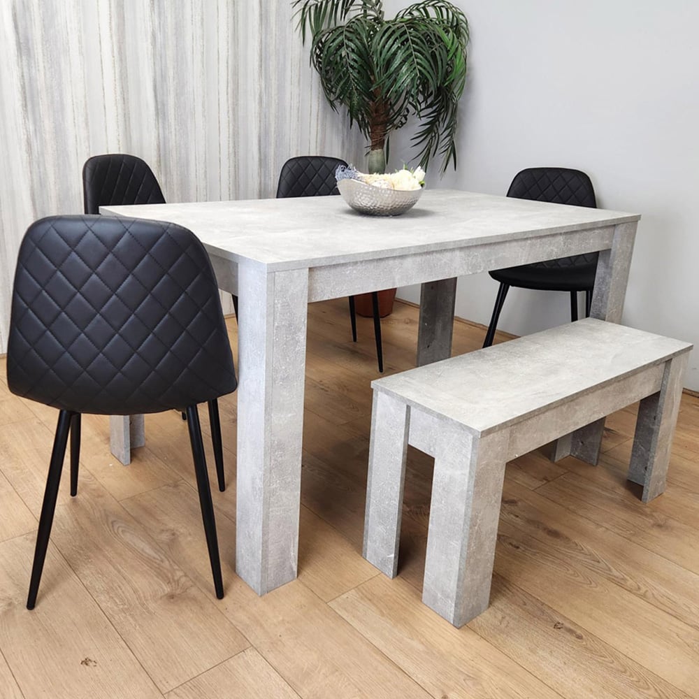 Portland Leather and Wood 6 Seater Dining Set Stone Grey Effect and Black Image 1