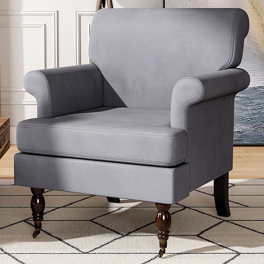 Living and Home Grey Contemporary Velvet Armchair Image 1