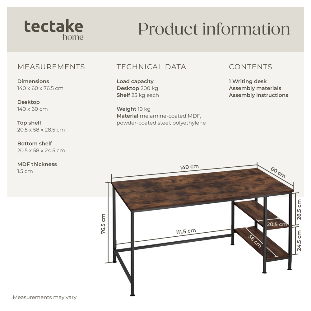 tectake Donegal 2 Shelf Industrial Dark Wood Office Desk Image 8