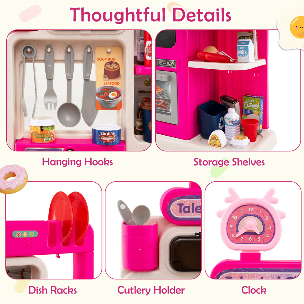 Costway Kids Pink Kitchen Play Set with Realistic Sounds and Lights Image 5