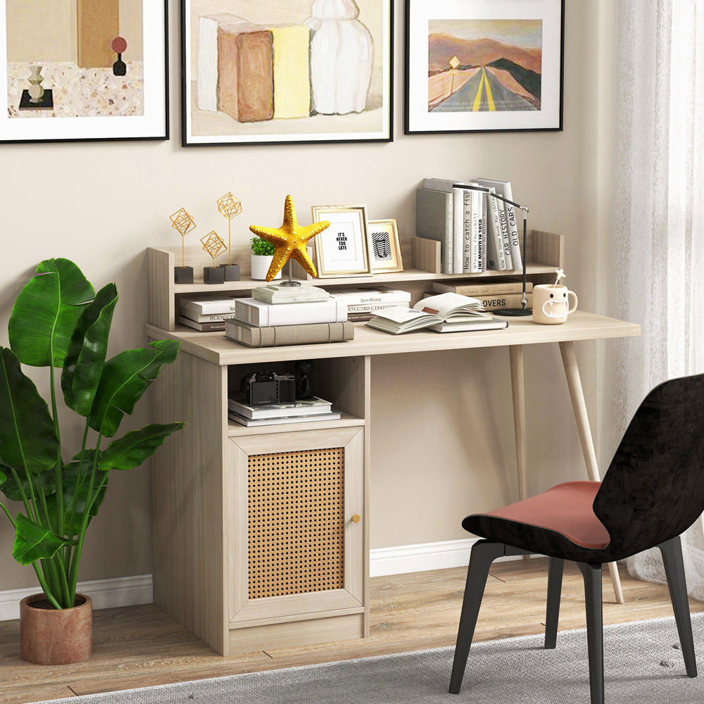 Costway Single Door PE Rattan Computer Desk with Hutch White Oak Image 5