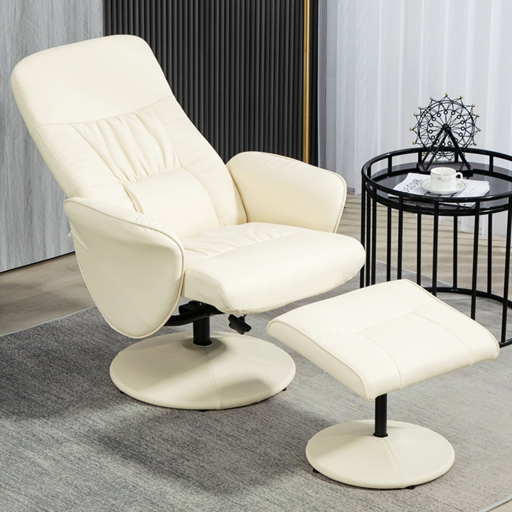 Portland Cream White PU Leather Armchair with Footrest Image 1