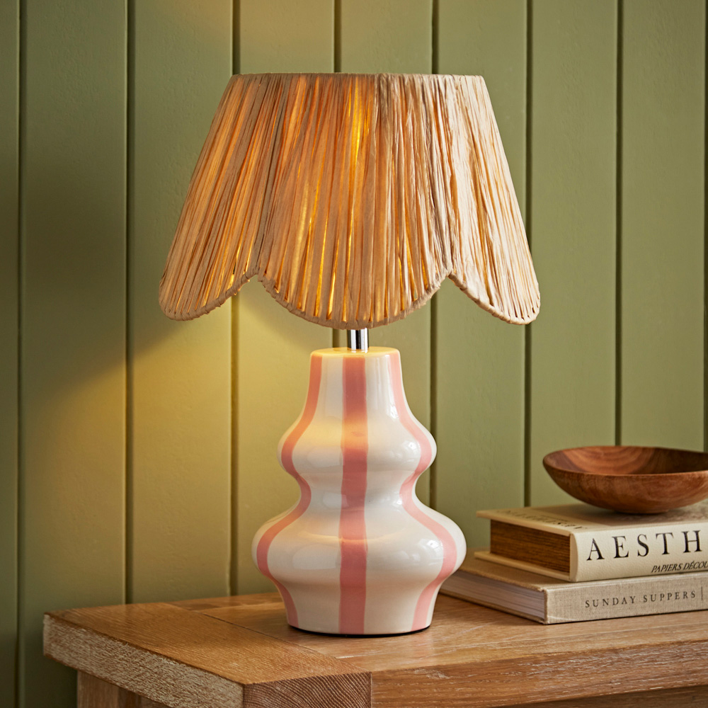 ValueLights Perrie Raffia Lamp Shade Ceramic Pink Stripe LED Table Lamp Image 2