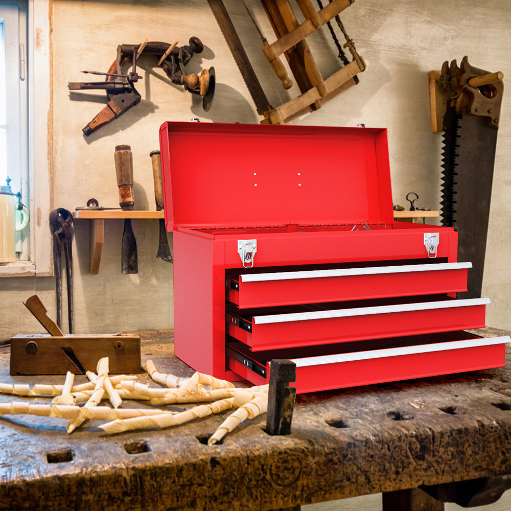 Costway 3 Drawer Red Portable Steel Tool Box with Top Storage Tray Image 2