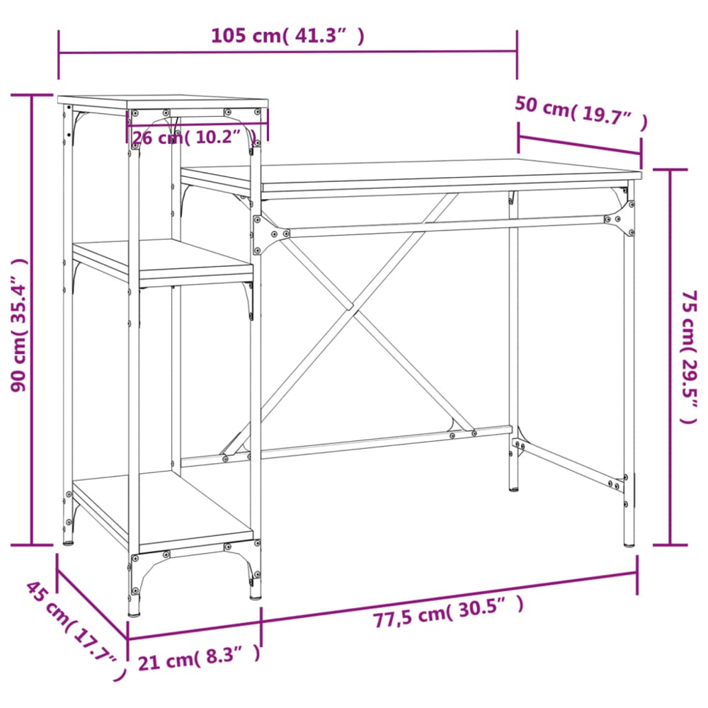vidaXL 3 Shelf Industrial Style Computer Desk Brown Image 8