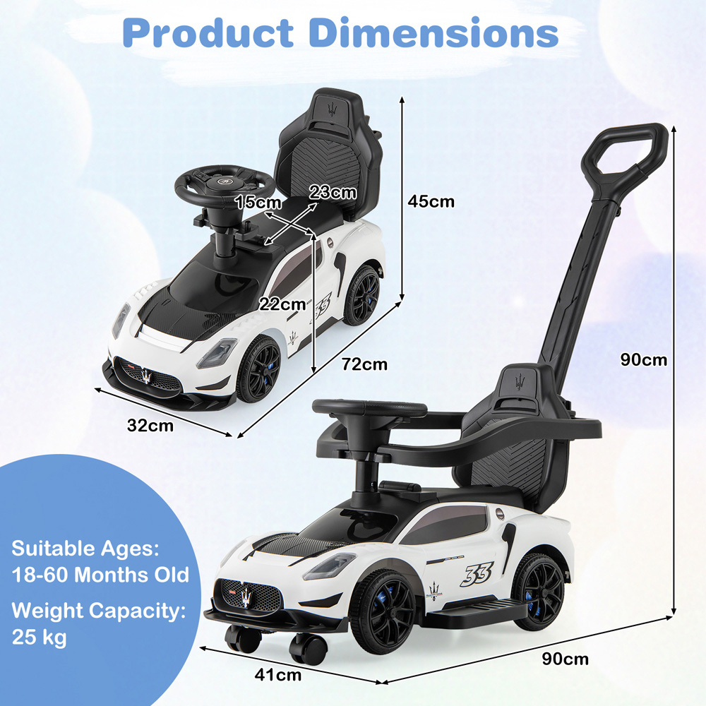 Costway 3-in-1 Kids White Licensed Maserati Ride On Push Car with Music Steering and Guardrail Image 8