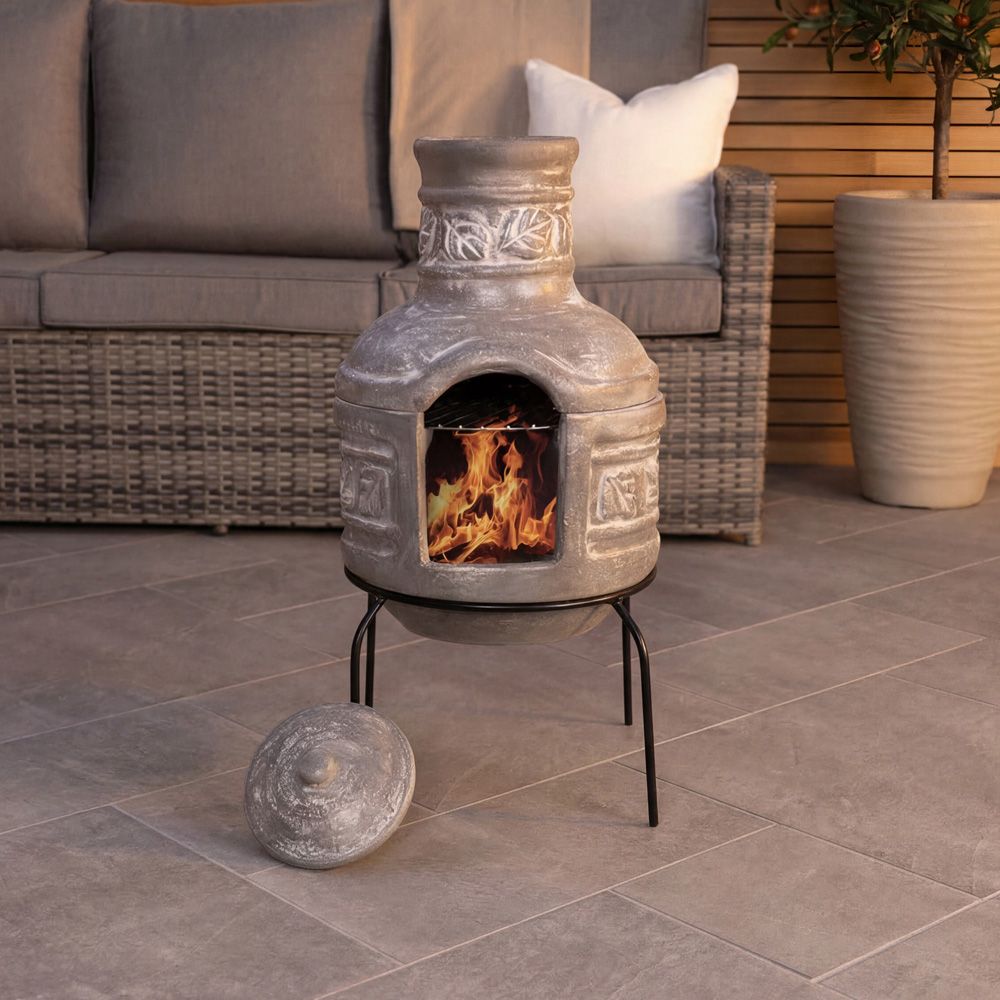 Charles Bentley Snug Granada Leaf Motif Clay Chiminea with BBQ Grill Lid and Stand Image 2