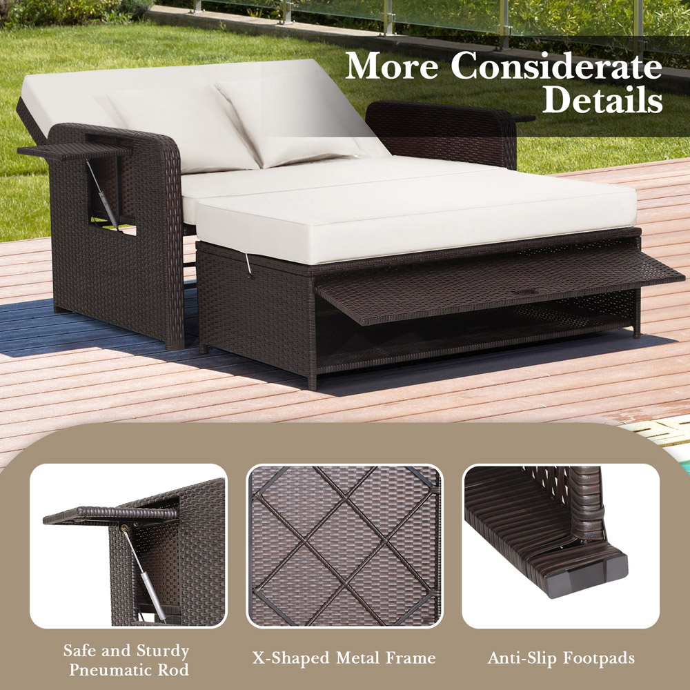 Costway 2 Seater Ratan Wicker White Loveseat Sofa with Ottoman and Side Tray Image 7
