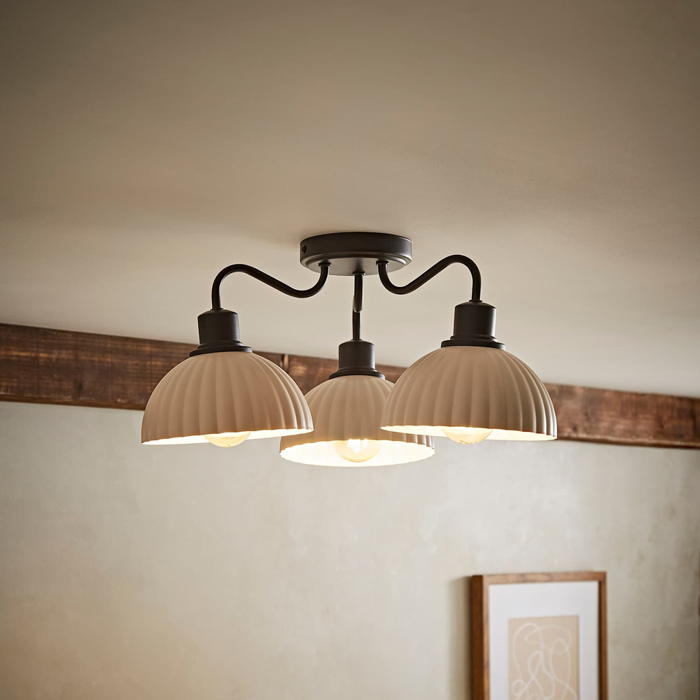 ValueLights Bourton 3 Arm Cream Ribbed Dome Shade Matte Black Ceiling Light with Bulb Image 2