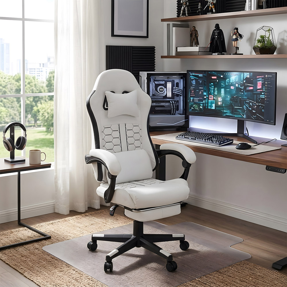 Living and Home White and Black Reclining Backrest Gaming Chair with Massage and Footrest Image 8