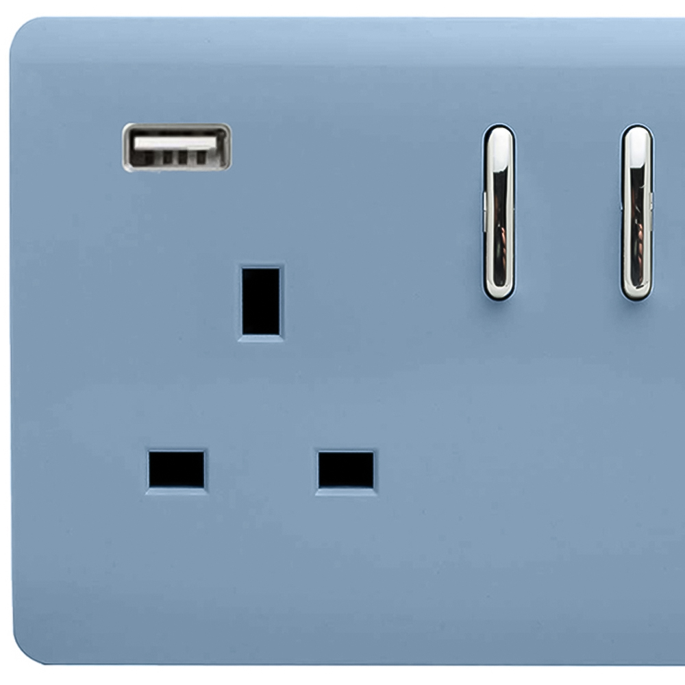 Trendi Switch 2 Gang 13amp 2 Port USB Sky Blue Switched Plug Socket Image 2