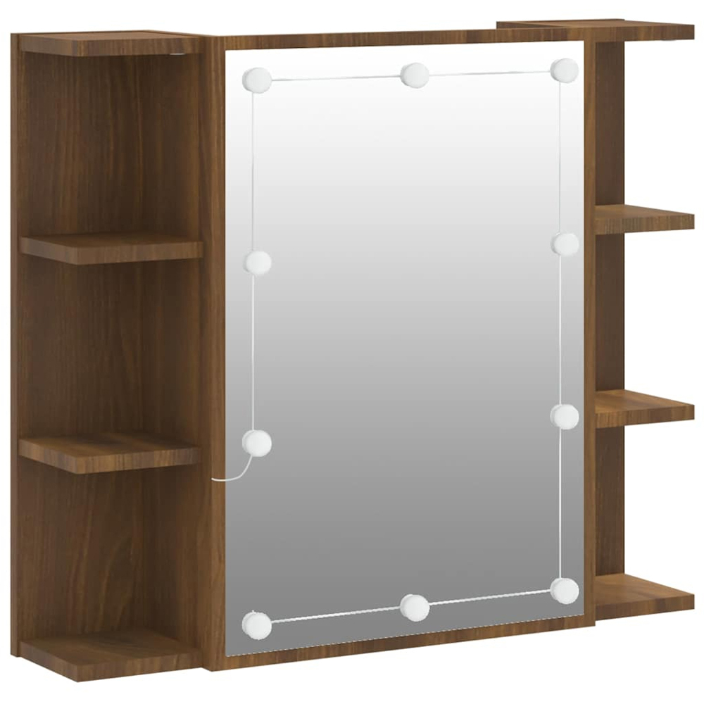vidaXL Single Door 6 Open Shelf Brown Oak LED Mirror Bathroom Cabinet Image 2