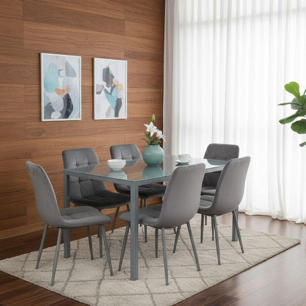 Kosy Koala 6 Seater Velvet and Glass Dining Table Grey Image 4