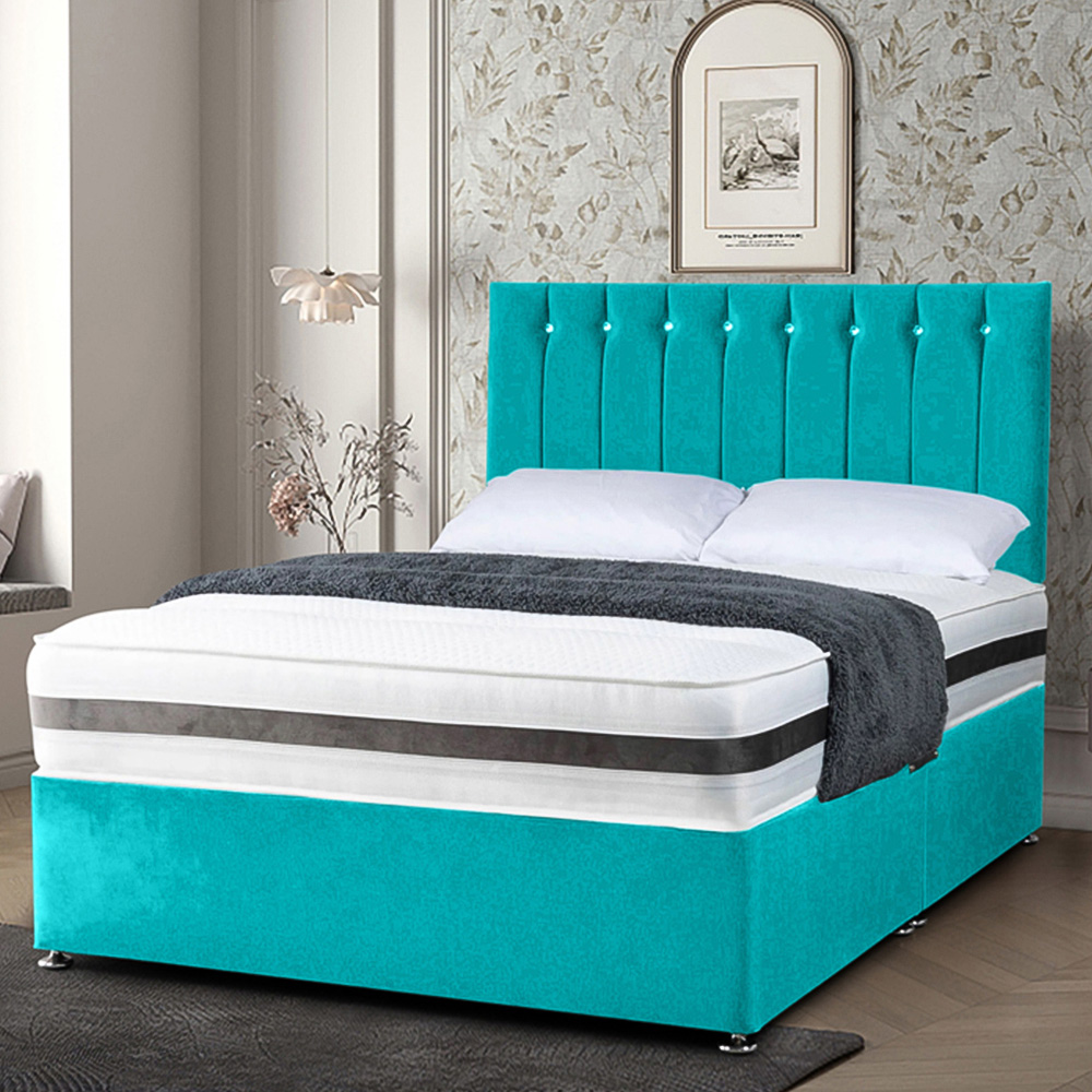 Eleganza Home Cocoon Super King Size Teal Plush Velvet Divan Bed with Headboard Image 1