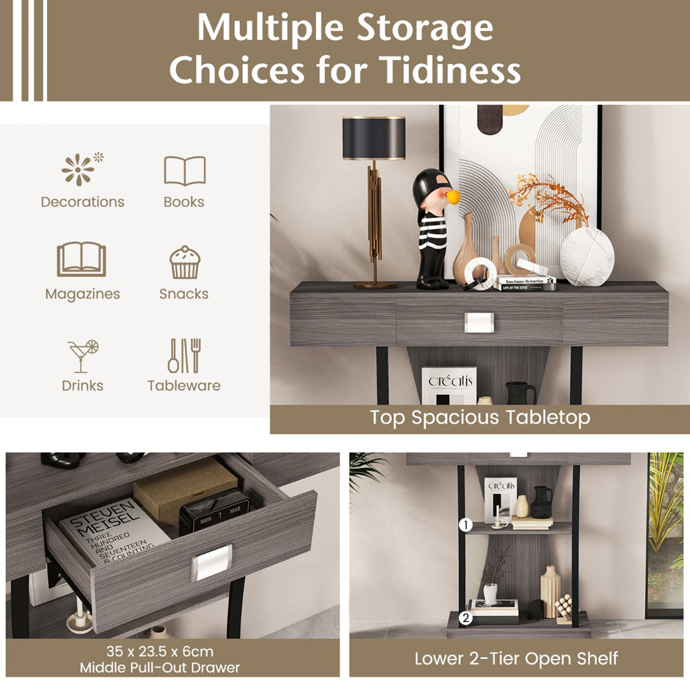 Costway Single Drawer 2 Shelf Grey T Shaped Console Table Image 5
