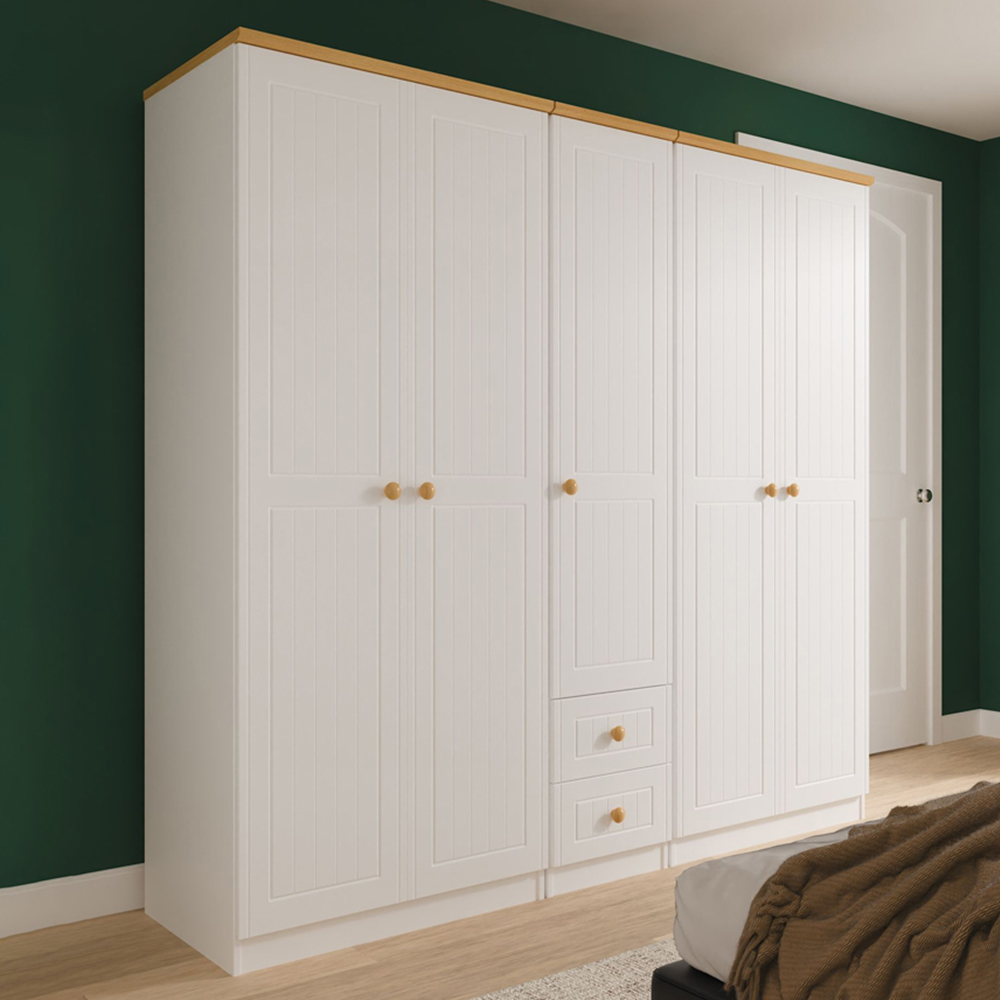 Crowndale Warwick 5 Door 2 Drawer White Ash and Modern Oak Wardrobe Ready Assembled Image 1