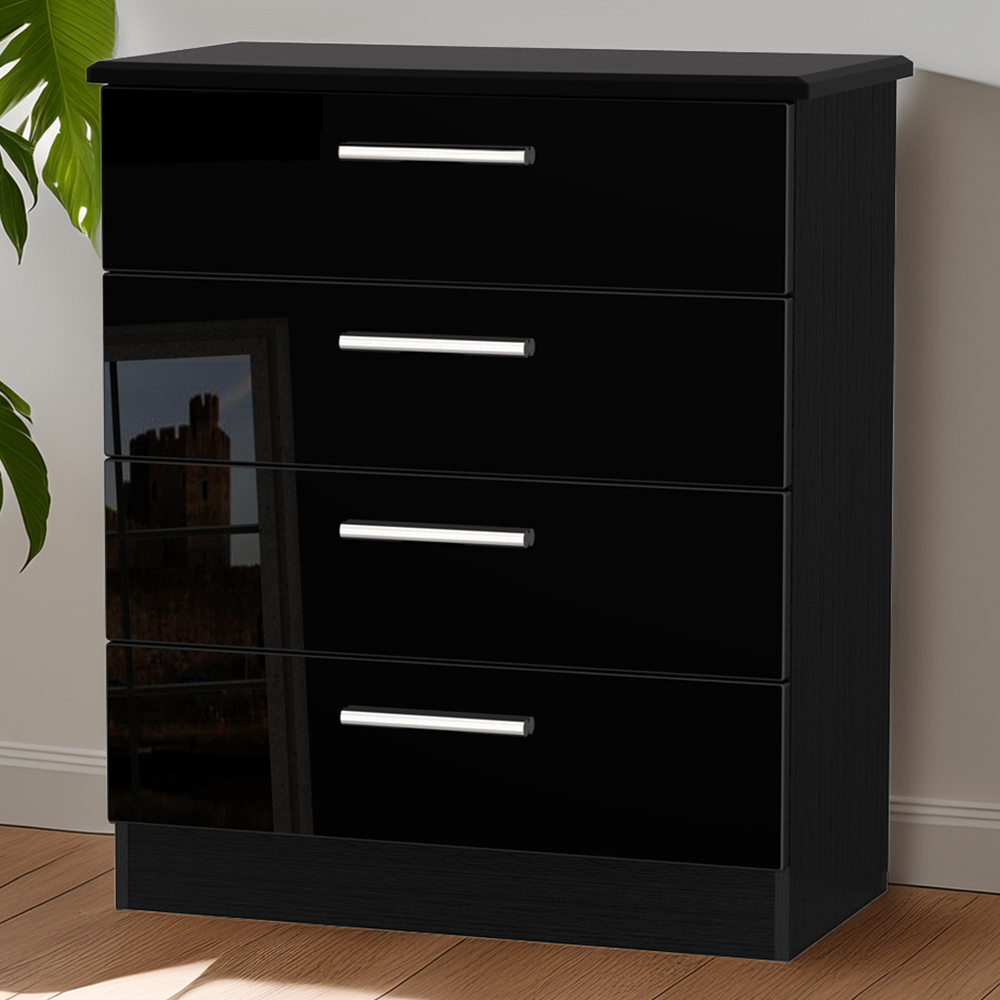 Crowndale Knightsbridge 4 Drawer Black Gloss and Black Chest of Drawers Ready Assembled Image 1