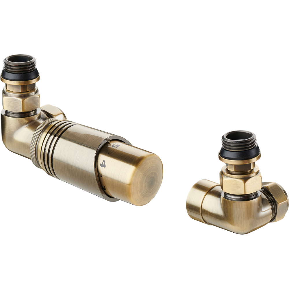Terma Cylindrical Antique Brass 3-Axis Thermostatic Radiator Valve and Lockshield Set Image 1