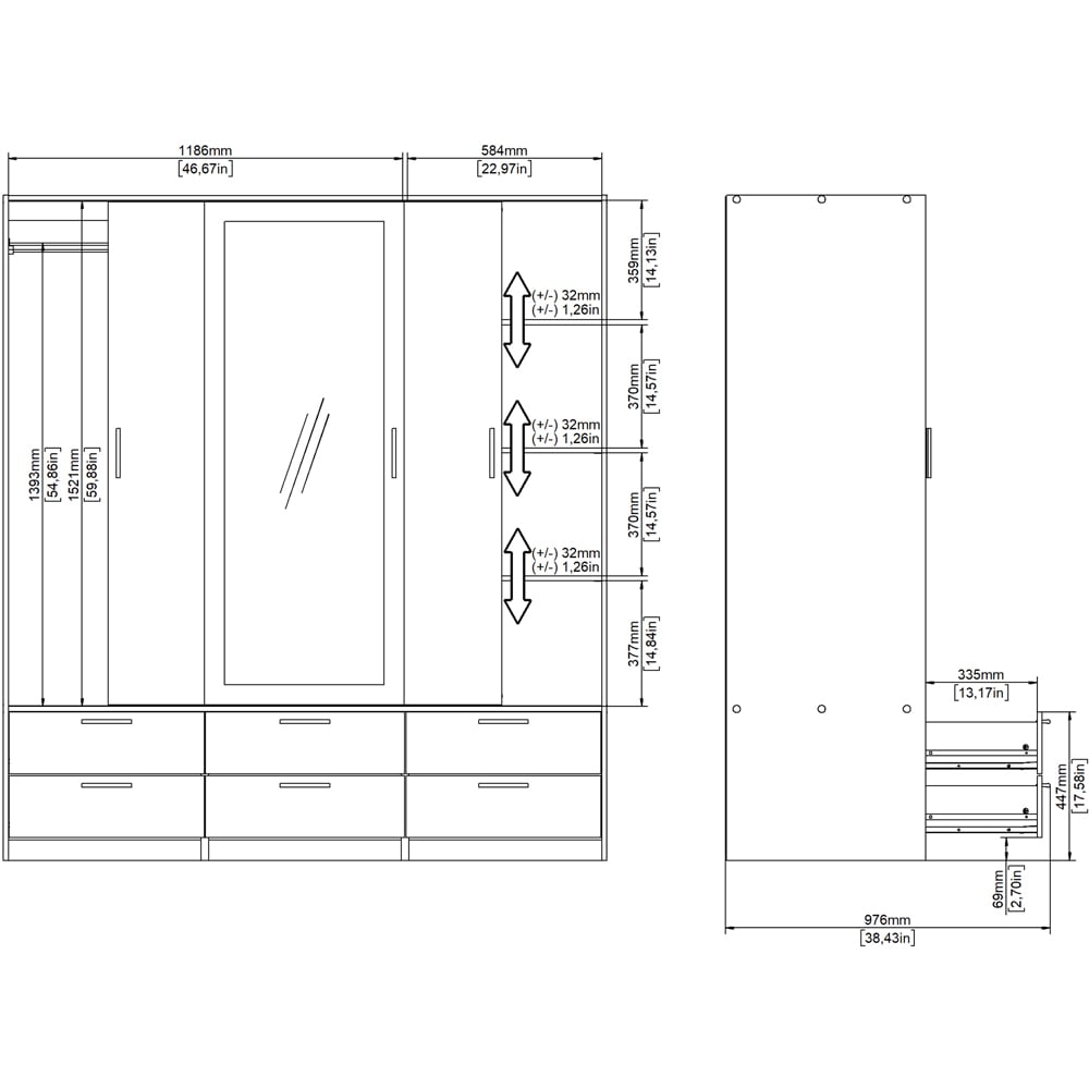 Florence Line 3 Door 6 Drawer Oak and White High Gloss Wardrobe Image 7