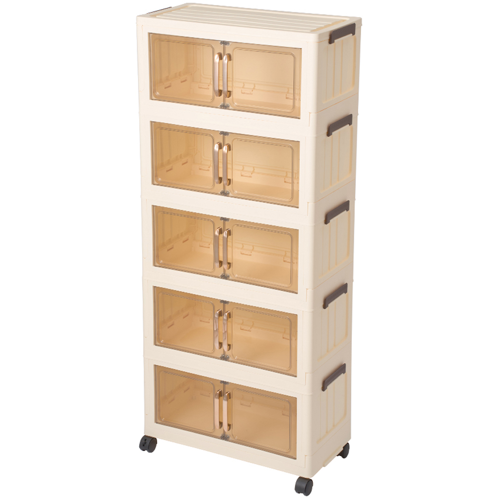 Living and Home 5 Tier Cream Clear Foldable Rolling Plastic Storage Cabinet Image 1