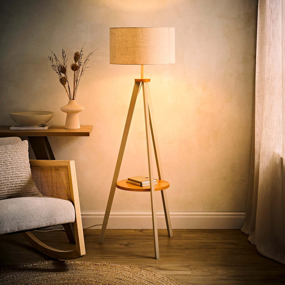 ValueLights Morrigan Cream Tripod Floor Lamp with Linen Fabric Drum Shade and Bulb Image 2