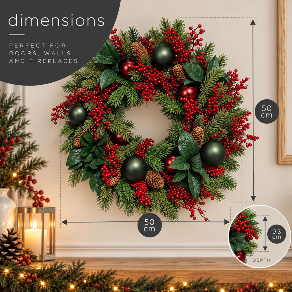 Neo Green and Red Artificial Christmas Wreath with Berries and Pine Cones 50cm Image 7
