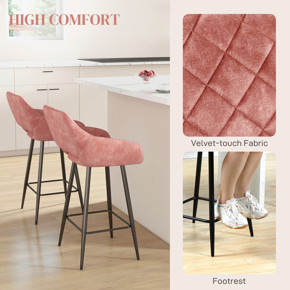 HOMCOM Pink Velvet Touch Fabric Bar Chair Set of 2 Image 5