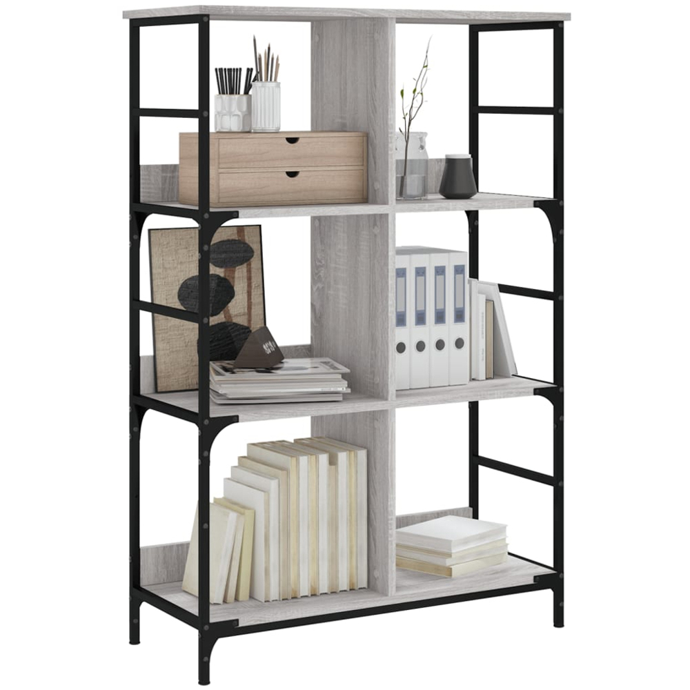 vidaXL 6 Shelf Grey Sonoma and Black Wood and Steel Wide Bookcase Image 3