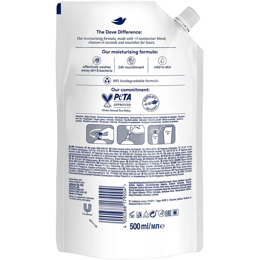Dove Deeply Nourishing Liquid Hand Wash Eco Refill 500ml 4 Pack Image 3