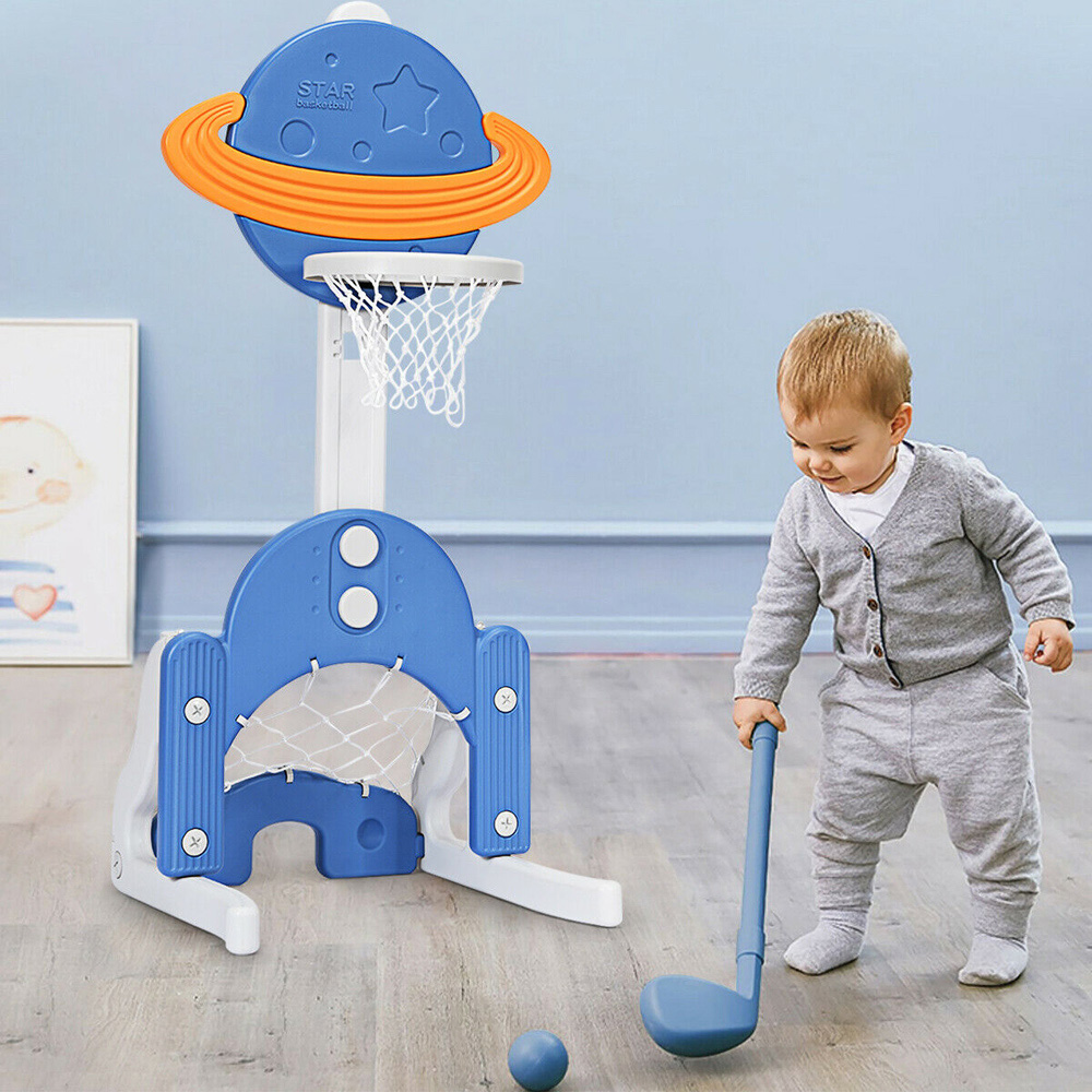 Costway Blue 3 in 1 Adjustable Basketball Stand with Goal and Golf Net Image 2