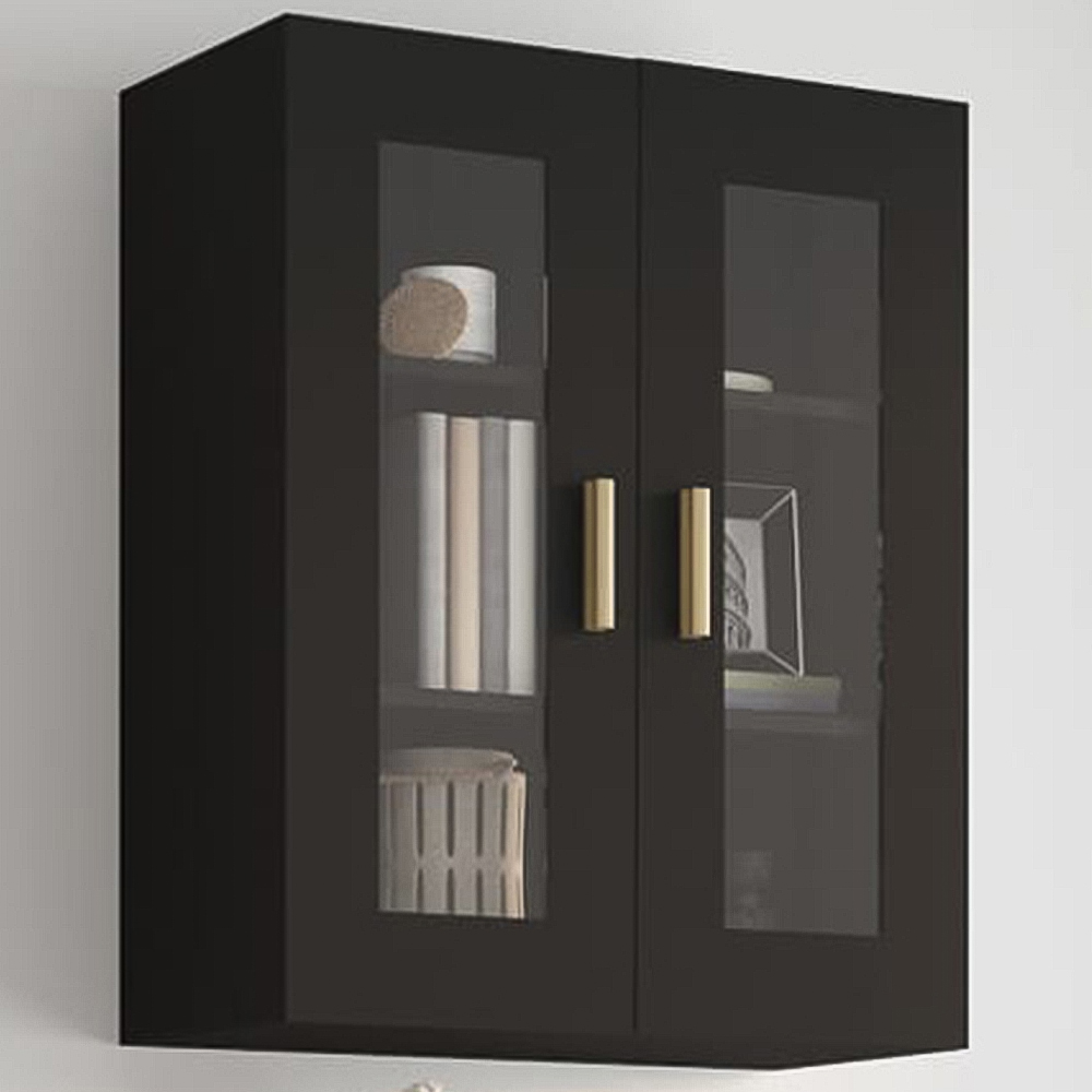 vidaXL 2 Glass Door 3 Shelf Black Hanging Wall Cabinet Image 1