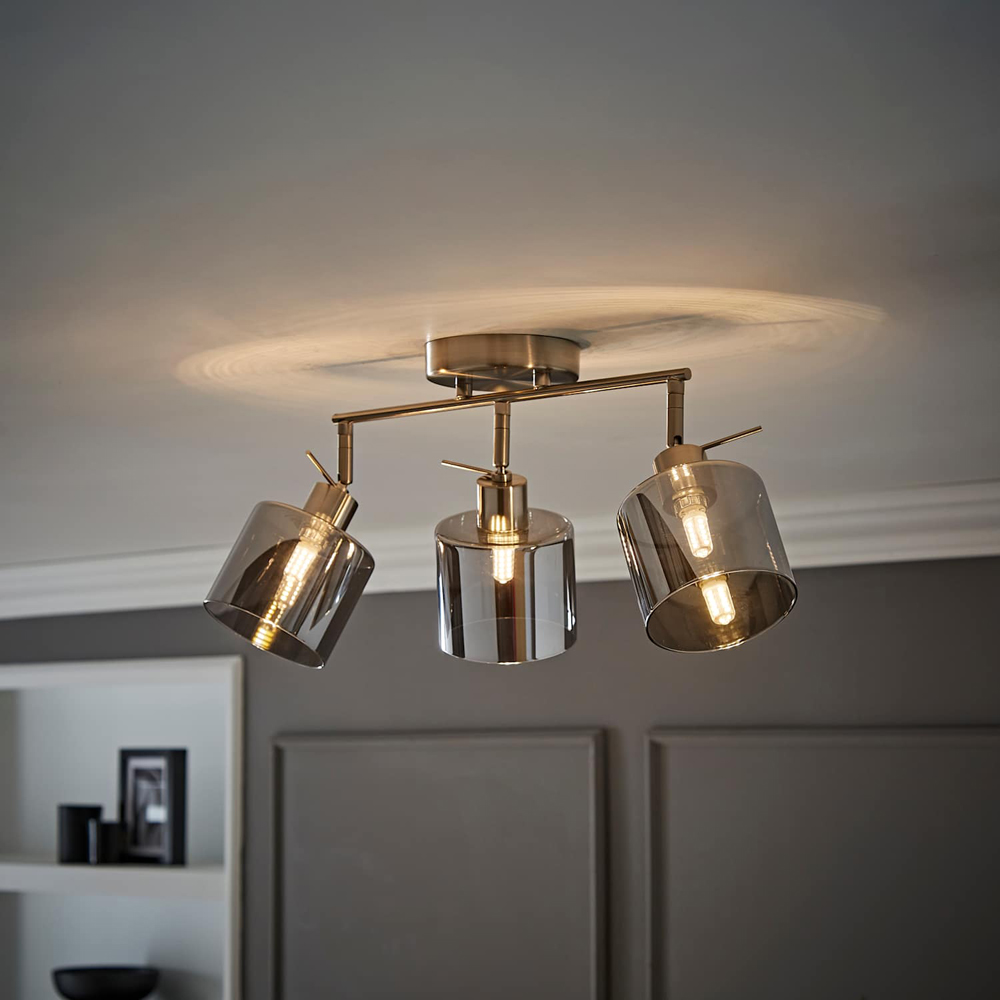 ValueLights Demi 3 Way Smoked Glass Shade Brushed Chrome Bar Spot Ceiling Light with Bulb Image 2